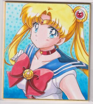 bishoujo_senshi_sailor_moon blue_eyes blue_sailor_collar bow bowtie chikoto_(kztc4472) choker circlet collarbone crescent crescent_earrings double_bun earrings gem hair_bun hair_ornament highres jewelry lips looking_at_viewer parted_bangs red_bow red_bowtie red_choker red_gemstone sailor_collar sailor_moon sailor_senshi_uniform shirt smile traditional_media transformation_brooch_(sailor_moon) tsukino_usagi twintails white_shirt
