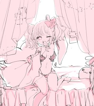 1girl arm_up asuta_(kinakomoti300) barefoot bed bikini bow breasts canopy_bed commentary_request curtains foot_out_of_frame gypsy_(ragnarok_online) hair_bow heart heart-shaped_pillow looking_at_viewer medium_breasts medium_hair monochrome navel open_mouth pillow pink_theme poring ragnarok_online solo strapless strapless_bikini swimsuit two_side_up yawning