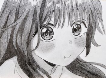 1girl :i blush closed_mouth eyebrows_hidden_by_hair graphite_(medium) greyscale jeong_(art_yunseo0117) kaoru_hana_wa_rin_to_saku long_hair looking_at_viewer monochrome portrait solo split_mouth traditional_media waguri_kaoruko wispy_bangs