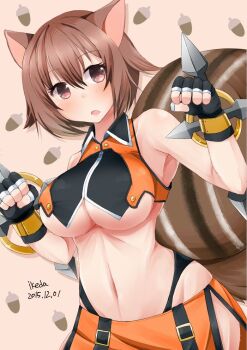 1girl acorn animal_ears artist_request bare_shoulders blazblue blush breasts brown_eyes brown_hair crop_top fingerless_gloves gloves large_breasts looking_to_the_side makoto_nanaya microskirt midriff short_hair skirt sleeveless squirrel_ears squirrel_girl squirrel_tail tail tonfa underboob weapon