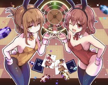 2girls animal_ears black_pantyhose black_thighhighs blush brown_eyes brown_hair cropped_legs dated detached_collar fake_animal_ears fake_tail fang folded_ponytail hair_between_eyes hair_ornament hairclip highres ikazuchi_(kancolle) inazuma_(kancolle) kantai_collection leotard long_hair md5_mismatch multiple_girls one_eye_closed open_mouth orange_leotard pantyhose playboy_bunny poker_chip rabbit_ears rabbit_tail red_leotard short_hair skin_fang smile tail thighhighs unagiman wrist_cuffs