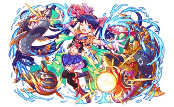 1girl ahoge aiguillette anime_coloring aqua_eyes artist_request belt black_eyes black_footwear black_thighhighs black_vest blue_outline blue_sailor_collar blue_skirt blue_sky blunt_bangs boots bow breasts buttons closed_mouth collarbone colored_sclera crash_fever cropped_shirt curly_ends earrings energy_ball epaulettes eyelashes footwear_ribbon forneus_(crash_fever) frilled_bow frilled_gloves frills full_body game_cg gem gloves gold_belt gold_buttons green_gemstone green_skirt hairband hoop_skirt horizontal-striped_thighhighs jewelry knee_boots lace lace-trimmed_gloves lace-trimmed_shirt lace_trim large_bow layered_gloves layered_skirt long_hair looking_at_viewer midriff miniskirt navel neckerchief non-humanoid_robot number_print numbered official_art one_eye_closed open_hands open_mouth orange_outline outline outstretched_arms pink_bow pink_hairband pleated_skirt red_neckerchief red_outline red_ribbon red_sclera ribbon robot robot_animal sailor_collar shark sharp_teeth shirt single_horizontal_stripe skirt sky sleeveless sleeveless_shirt slit_pupils small_breasts spread_arms square square_print straight_hair striped_clothes striped_collar striped_thighhighs striped_vest tachi-e tassel teeth thighhighs third-party_source tongue transparent_background undershirt upper_teeth_only very_long_hair vest water_drop white_sleeves wristband yellow_trim