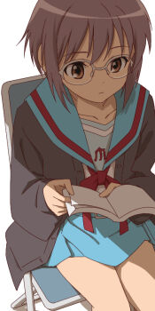1girl aonori_misuji blue_sailor_collar blue_skirt book brown_cardigan brown_eyes cardigan chair closed_mouth collarbone folding_chair glasses holding holding_book kita_high_school_uniform long_sleeves nagato_yuki on_chair open_book open_cardigan open_clothes red_ribbon ribbon sailor_collar school_uniform serafuku short_hair sitting skirt solo suzumiya_haruhi_no_shoushitsu suzumiya_haruhi_no_yuuutsu thighs winter_uniform
