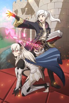 2girls absurdres armor barefoot belt black_hairband boots breasts brown_eyes cape castle cleavage coat collarbone female_corrin_(fire_emblem) feet female_robin_(fire_emblem) fire_emblem fire_emblem_awakening fire_emblem_fates floating_hair full_body gloves hair_between_eyes hair_ornament hairband heel_up highres holding holding_sword holding_weapon intelligent_systems jeli-cat knee_boots long_hair medium_breasts multiple_belts multiple_girls nintendo on_one_knee red_eyes sidelocks spellbook stirrup_legwear sword thighs toeless_legwear toenails toes twintails weapon white_hair wide_sleeves yato_(fire_emblem)