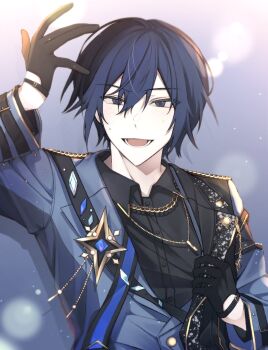 Rule 34 | 1boy, arm up, astro fes (project sekai), belt buckle, black gloves, blue eyes, blue gem, blue hair, buckle, chain, chain necklace, commentary request, gem, gloves, gold necklace, hair between eyes, hand up, highres, jewelry, kaito (vocaloid), korean commentary, lapels, long sleeves, looking at viewer, lower teeth only, male focus, multiple necklaces, necklace, notched lapels, official alternate costume, open mouth, ore kakkoi, project sekai, short hair, smile, solo, sweat, teeth, upper body, vocaloid