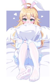 Rule 34 | 1girl, ahoge, animal ears, blonde hair, blush, commentary, covering own mouth, feet, gloves, green eyes, heart, holding, holding pillow, hoshii miki, hotshosho, idolmaster, idolmaster (classic), idolmaster million live!, idolmaster million live! theater days, long hair, long sleeves, looking at viewer, no shoes, official alternate costume, on bed, pantyhose, pillow, pixel art, pyonpyon rabbit (idolmaster), rabbit ears, sitting, solo, symbol-only commentary, toes, v, white gloves, white pantyhose