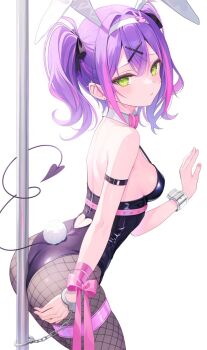 1girl alternate_costume animal_ears armband ass back bare_shoulders between_buttocks black_armband black_bow black_leotard blush bow breasts closed_mouth commentary demon_girl demon_tail fake_animal_ears fake_tail fishnet_pantyhose fishnets green_eyes grey_pantyhose hair_bow hair_ornament highres hololive kitano_yukito leotard looking_at_viewer medium_breasts multicolored_hair pantyhose pink_hair playboy_bunny pole purple_hair rabbit_ears rabbit_hole_(vocaloid) rabbit_tail simple_background single_handcuff streaked_hair symbol-only_commentary tail tokoyami_towa twintails virtual_youtuber white_background x_hair_ornament