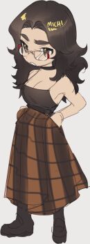 1girl :o artist_name artist_self-insert bare_arms bare_shoulders black_camisole black_choker black_shoes breasts brown_eyes brown_hair brown_skirt camisole chibi chibi_only choker cleavage commentary curtained_hair english_commentary full_body glasses hands_in_pockets highres large_breasts long_hair long_skirt michiroon michiroon_(michiroon) original parted_bangs plaid_clothes plaid_skirt red-framed_eyewear shoes simple_background skirt solo spaghetti_strap standing thick_eyebrows