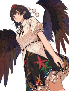 1girl absurdres black_ribbon breasts brown_hair brown_wings closed_mouth collared_shirt commentary feathered_wings frilled_skirt frills hat hidden_star_in_four_seasons highres looking_at_viewer medium_breasts neck_ribbon official_alternate_costume pointy_ears pom_pom_(clothes) puffy_short_sleeves puffy_sleeves red_eyes red_hat ribbon ribbon-trimmed_skirt ribbon_trim shameimaru_aya shirt short_sleeves simple_background skirt smile solo tokin_hat touhou white_background white_shirt wings zsefvgy