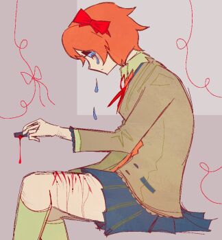 1girl blazer blood blood_drip blue_skirt collared_shirt crying crying_with_eyes_open doki_doki_literature_club feet_out_of_frame from_side green_socks holding_razor_blade jacket mercywerci neck_ribbon pink_hair razor_blade ribbon sayori_(doki_doki_literature_club) self-harm shirt sitting skirt socks solo tears thigh_cutting white_shirt wrist_cutting