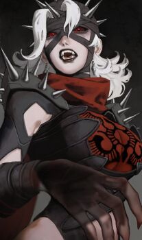 1girl armor bandaged_head bandages black_leotard black_lips black_sclera breasts brown_bodystocking colored_sclera fangs fantastic_four gloves grey_hair head_spikes highleg highleg_leotard highres lapefamm large_breasts leotard long_hair looking_at_viewer malice_(sue_storm) marvel marvel_rivals multicolored_bodysuit multicolored_helmet open_mouth pauldrons red_eyes red_scarf scarf shoulder_armor shoulder_spikes solo spiked_armor spiked_helmet spiked_pauldrons spikes sue_storm thong_leotard two-tone_bodysuit