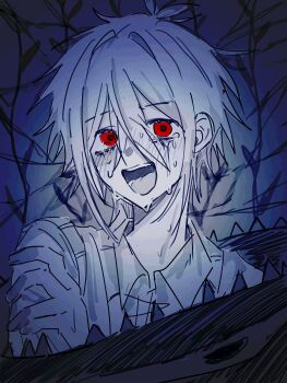 1boy basil_(faraway)_(omori) basil_(omori) blush collared_shirt crying crying_with_eyes_open danmuji_07 double-parted_bangs greyscale hair_between_eyes highres looking_at_viewer male_focus monochrome omori red_eyes shirt short_hair sidelocks solo something_(omori) spot_color sweater_vest tears teeth tongue upper_body upper_teeth_only