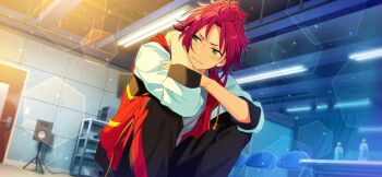 1boy bangs_pinned_back bottle chair closed_mouth curtained_hair door drawstring ensemble_stars! facing_viewer game_cg green_eyes grey_shirt hair_ornament hairclip hand_on_own_arm happy_elements indoors isara_mao jacket long_sleeves male_focus official_art open_clothes open_jacket pants ring_(ensemble_stars!) shirt short_hair solo speaker split_mouth squatting third-party_source