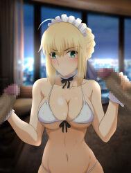 Rule 34 | 1girl, 2boys, artoria pendragon (all), artoria pendragon (fate), blonde hair, breasts, censored, closed mouth, covered erect nipples, dark-skinned male, dark skin, fate/stay night, fate (series), green eyes, handjob, large breasts, maid, mosaic censoring, multiple boys, pc pc (naruse1), saber (fate), short hair, swimsuit