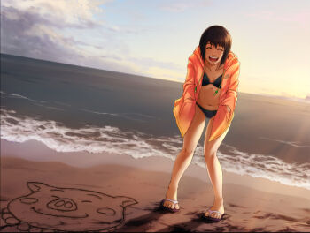 Rule 34 | 1girl, :d, beach, bikini, black hair, closed eyes, cloud, female focus, flip-flops, jacket, naruto (classic), naruto (series), navel, ocean, open mouth, outdoors, sand, sandals, shizune (naruto), short hair, smile, solo, standing, sun, swimsuit, tk (tk's level4), tonton (naruto)