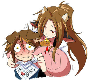 1boy 1girl animal_ears assertive_female blush breast_press breasts brown_eyes brown_hair cow_ears cow_girl cow_horns cowbell dog_boy dog_ears graph_(graphiteknight) horns huge_breasts matching_hair/eyes matt_(ego_trigger) mattie_(ego_trigger) nervous nervous_sweating one_eye_closed original pen pink_shirt shirt size_difference sweat upper_body white_background white_shirt wink yellow_eyes