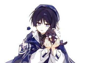 Rule 34 | 1boy, animal, animal print, animalization, beret, bird print, black cat, black shirt, blue hat, blue pupils, blue shawl, blunt ends, casual, cat, cat print, choppy bangs, collared shirt, commentary, contemporary, fingernails, genshin impact, gold trim, hair intakes, hands up, hat, highres, holding, holding animal, holding cat, huhu norii, layered shirt, light blush, long sleeves, looking at viewer, male focus, notice lines, official alternate costume, open collar, open hands, open mouth, person and animalization, purple eyes, purple hair, scaramouche (cat) (genshin impact), scaramouche (genshin impact), shawl, shirt, symbol-only commentary, turtleneck, turtleneck shirt, undershirt, upper body, wanderer (genshin impact), wanderer (impression) (genshin impact), white background, white shirt, white sleeves