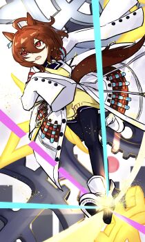 1girl 253_bcl_24282 absurdres agnes_tachyon_(umamusume) ahoge black_necktie black_pantyhose black_shirt boots brown_hair chemical_structure coat ear_ornament earrings gears hair_between_eyes hem_peeking_out high_heel_boots high_heels highres huge_ahoge jewelry lab_coat long_sleeves necktie open_clothes open_coat pantyhose red_eyes running shirt short_hair short_necktie single_earring sleeves_past_fingers sleeves_past_wrists solo sweater umamusume white_boots white_coat yellow_sweater