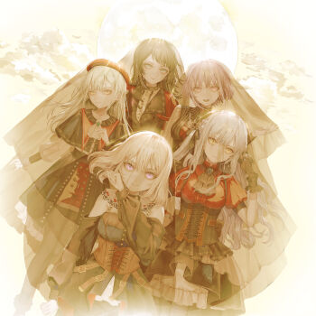 Rule 34 | 5girls, amoris (bang dream!), ascot, ave mujica (bang dream!), bang dream!, bang dream! it's mygo!!!!!, bead necklace, beads, beret, black ascot, black capelet, black corset, black dress, black gloves, black hair, black pantyhose, black ribbon, black skirt, blonde hair, blue hair, breasts, brown corset, capelet, clothing cutout, corset, doloris (bang dream!), dress, earrings, gloves, hair ribbon, hat, highres, isshiki shime, jewelry, long hair, long sleeves, medium breasts, medium hair, misumi uika, mortis (bang dream!), mortis (costume) (bang dream!), multiple girls, necklace, oblivionis (bang dream!), official art, pantyhose, pink eyes, purple hair, red capelet, red hat, red shirt, ribbon, shirt, shoulder cutout, sidelocks, skirt, timoris (bang dream!), togawa sakiko, veil, wakaba mutsumi, white ascot, yahata umiri, yellow eyes, yuutenji nyamu