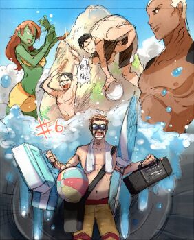 1girl 4boys alien aqua_lad ball beach black_hair blonde_hair colored_skin dark_skin dc_comics dick_grayson goggles green_skin kaldur'ahm kid_flash miss_martian multiple_boys open_mouth orange_hair radio red_hair sunglasses superboy swimsuit towel wally_west water young_justice:_invasion
