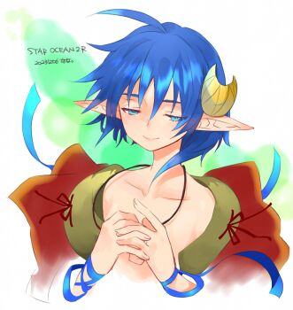 Rule 34 | 1girl, ahoge, blue eyes, blue hair, cape, closed mouth, collarbone, copyright name, crescent, crescent hair ornament, dated, hair ornament, highres, mayashtale, pointy ears, red cape, rena lanford, short hair, smile, solo, star ocean, star ocean: the second story