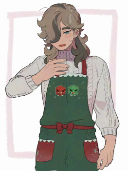 1boy 5ba_(gobaru5baru) apron arm_up arven_(holiday_2025)_(pokemon) arven_(pokemon) blue_eyes blush bow brown_hair cable_knit commentary_request cowboy_shot hair_behind_ear hair_over_one_eye highres long_hair male_focus medium_sideburns nintendo official_alternate_costume one_eye_covered open_mouth pokemon pokemon_masters_ex red_bow solo standing sweat sweater white_sweater