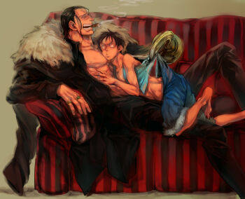 2boys black_hair cigar clothes_grab coat crocodile_(one_piece) full_body fur_coat geiyajin hook_hand jewelry long_hair male_focus monkey_d._luffy multiple_boys nobu10 o3o one_piece ring scar short_hair smoking yaoi