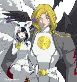 1boy 1girl angel angel_wings asymmetrical_wings black_hair black_jacket black_wings blonde_hair bodysuit breasts carrying carrying_person cosplay cowboy_shot cropped_jacket demon_boy demon_wings digimon digimon_(creature) digimon_story:_time_stranger facial_mark fangs gloves green_gloves grey_hair head_wings highres hololive hololive_english hood hood_up hoodie jacket kakudrawmon lucemon_falldown_mode multicolored_hair multiple_wings pantyhose pointy_ears shiori_novella short_hair sitting tailmon tailmon_(cosplay) two-tone_hair virtual_youtuber white_bodysuit white_hoodie white_pantyhose white_wings wings