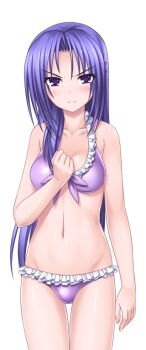 1girl bikini blush breasts frilled_bikini frills front-tie_top frown game_cg hair_ornament higuchi_isami large_variant_set long_hair looking_at_viewer mahou_shoujo_sae medium_breasts murakami_shizuru navel non-web_source official_art purple_bikini purple_eyes purple_hair shiny_skin solo swimsuit thigh_gap transparent_background variant_set