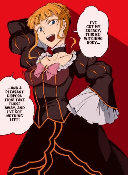 1girl arm_behind_head beatrice_(umineko) blonde_hair breasts cleavage dress english_text hair_bun hand_on_own_hip highres large_breasts legs looking_at_viewer model_pose open_mouth smile solo teeth thighs tongue umineko_no_naku_koro_ni