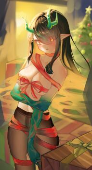 1girl arknights bare_shoulders black_hair black_pantyhose blush bound box breasts check_translation christmas christmas_ornaments christmas_tree cleavage colored_skin dragon_girl dragon_horns dusk_(arknights) euueeu gift gift_box green_hands green_horns highres horns korean_commentary large_breasts long_hair looking_at_viewer multicolored_hair naked_ribbon pantyhose pointy_ears red_eyes red_ribbon ribbon ribbon_bondage solo streaked_hair translation_request