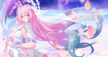 1girl absurdres armlet blue_hair breasts chinese_commentary commentary_request cyrene_(honkai:_star_rail) cyrene_(ripples_of_past_reverie)_(honkai:_star_rail) diamond-shaped_pupils diamond_(shape) dress from_side gradient_hair hair_intakes highres honkai:_star_rail honkai_(series) jewelry large_breasts li_shijin long_hair looking_at_viewer looking_to_the_side multicolored_hair parted_lips pink_eyes pink_hair pointy_ears ring sidelocks smile solo symbol-shaped_pupils upper_body white_dress