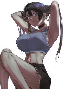 1girl absurdres armpits bare_shoulders black_choker black_hair black_shorts blonde_hair blue_eyes breasts choker closed_mouth commentary dark-skinned_female dark_skin earrings fujisaki_subaru goddess_of_victory:_nikke grey_sports_bra highres jewelry large_breasts long_hair looking_at_viewer midriff mole mole_on_breast multicolored_hair navel noise_(nikke) shorts simple_background smile solo sports_bra two-tone_hair white_background