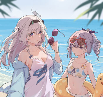 2girls absurdres bare_shoulders beach bikini black_hairband blue_jacket breasts dress drill drill_hair drill_ponytail duck_innertube eyewear_on_head firefly_(honkai:_star_rail) flat_chest floating_hair grey_eyes grey_hair hair_between_eyes hairband highres honkai:_star_rail honkai_(series) innertube jacket large_breasts looking_at_viewer multicolored_eyes multiple_girls navel off-shoulder_dress off_shoulder penichet silver_wolf_(honkai:_star_rail) smile sunglasses swimsuit two-tone_eyes white_bikini white_dress