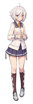 Rule 34 | 1girl, ahoge, argyle clothes, argyle socks, breasts, bright pupils, brown socks, closed mouth, female focus, full body, hair between eyes, highres, itomi sayaka, kneehighs, loafers, long sleeves, looking at viewer, own hands together, pleated skirt, purple eyes, sailor collar, school uniform, shizuma yoshinori, shoes, short hair, simple background, skirt, small breasts, socks, solo, standing, toji no miko, white background, white pupils
