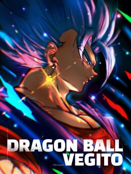 1boy black_background blue_eyes blue_hair blue_shirt character_name copyright_name dragon_ball dragon_ball_super earrings ham5037 highres jewelry male_focus medium_hair muscular muscular_male orange_shirt potara_earrings profile shirt solo spiked_hair super_saiyan super_saiyan_blue upper_body vegetto