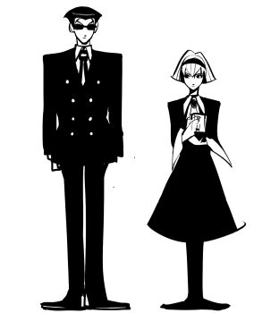 1boy 1girl abcontrol_zzz black_hairband black_suit bob_cut dress formal_clothes greyscale hairband highres monochrome necktie pantyhose r_dorothy_wayneright roger_smith short_hair sketch standing suit sunglasses the_big_o