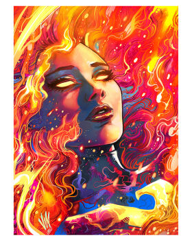 1girl abstract_background bird bodysuit fiery_hair fire gloves glowing glowing_eyes green_bodysuit highres jean_grey long_hair marvel multicolored_bodysuit orange_background orange_eyes phoenix phoenix_(x-men) portrait red_background red_hair solo superhero_costume two-tone_bodysuit vinartwork western_comics_(style) x-men yellow_bodysuit
