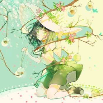 1girl air_bubble black_hair black_shoes blush branch bubble charm_(object) clover collared_shirt commentary_request flower four-leaf_clover full_body green_eyes green_ribbon green_skirt hand_on_headwear hat highres kneeling leaf looking_at_viewer medium_hair mole mole_under_eye mouth_hold neck_ribbon original parted_lips pink_flower ribbed_socks ribbon ryokuno_green shirt shirt_tucked_in shoes skirt socks solo underwater white_hat white_shirt white_socks