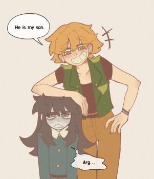 +++ 1boy 1girl abaddon_(haunted_hotel) abaddon_(human)_(haunted_hotel) aged_up arm_on_another&#039;s_head bags_under_eyes blue_coat blue_eyes brown_background brown_eyes brown_hair brown_shirt coat commentary_request cowboy_shot english_text esther_freeling ghostie1124 green_vest grin hand_on_own_hip haunted_hotel highres korean_commentary long_hair looking_at_another orange_hair pale_skin shirt short_hair simple_background smile vest