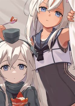 2girls :t armpits artist_request black_neckerchief black_one-piece_swimsuit blonde_hair blue_eyes blue_sailor_collar check_artist coat collarbone commentary_request covered_navel cropped_shirt crossed_bangs double-parted_bangs dual_persona flat_chest food frown garrison_cap grey_background grey_coat hair_between_eyes hat headgear holding holding_spoon ichiroku_(sakumogu-029) kantai_collection light_blush long_hair looking_at_viewer multiple_girls multiple_persona neckerchief old_school_swimsuit one-piece_swimsuit one-piece_tan parfait pout ro-500_(kancolle) sailor_collar school_swimsuit shirt sidelocks sleeveless sleeveless_shirt spoon strawberry_parfait swimsuit tan tanline u-511_(kancolle) upper_body white_shirt