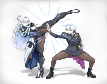 2girls black_cape black_dress blue_eyes bodysuit boots capcom cape chun-li closed_eyes commentary doni_zefironi dress earrings emphasis_lines english_commentary evo_moment_#37 gloves goddess_of_victory:_nikke high_heels high_kick highres jewelry juliet_sleeves ken_masters kicking leg_up liliweiss_(nikke) long_hair long_sleeves multicolored_cape multiple_girls nayuta_(nikke) pantyhose parody parrying puffy_sleeves purple_cape short_hair simple_background standing standing_on_one_leg street_fighter street_fighter_iii_(series) white_background white_dress white_gloves white_hair