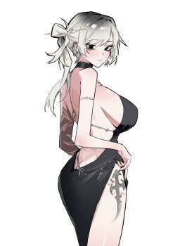 1girl absurdres arm_tattoo ass backless_dress backless_outfit black_choker black_dress black_eyes breasts butt_crack choker closed_mouth commentary cowboy_shot dress ear_piercing english_commentary from_side gradient_hair grey_hair highres jyuri_(shouz) large_breasts leg_tattoo long_hair looking_at_viewer multicolored_hair original parted_bangs piercing ponytail shouz side_slit sideboob simple_background smile solo tattoo white_background
