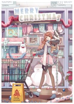 1girl animal beanie brown_eyes brown_hair cat christmas christmas_lights christmas_ornaments christmas_tree commentary english_commentary english_text flower_pot full_body gina_61324 grey_shoes grey_sweater grey_thighhighs hat highres holding holding_flower_pot indoors long_hair long_sleeves looking_at_viewer merry_christmas miniskirt open_mouth original pink_hat pink_skirt plant pleated_skirt potted_plant shoes shop shopping_cart sign skirt smile solo sweater sweater_tucked_in thighhighs tinsel turtleneck turtleneck_sweater walking warning_sign white_cat