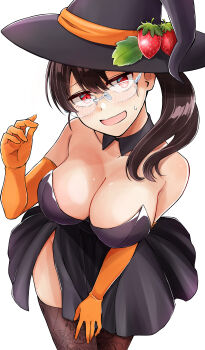 1girl absurdres bare_shoulders black_dress blush breasts brown_hair brown_pantyhose cleavage commentary_request cowboy_shot detached_collar dress elbow_gloves food fruit glasses gloves hat highres holding large_breasts long_hair open_mouth orange_gloves orange_lili original pantyhose red_eyes side_slit simple_background solo strapless strapless_dress strawberry sweat unworn_eyewear white_background witch witch_hat