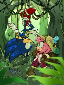 amy_rose backpack bag bird birdie_(sonic) blue_fur blue_hair blush boots explorer flicky_(character) forest gloves grass hanging hat highres kaiyuki04 lef looking_at_another map medium_hair nature pants pink_fur pink_hair sega shirt shoes socks sonamy sonic_(series) sonic_adventure sonic_the_hedgehog spiked_hair tree