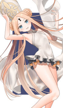 1girl abigail_williams_(fate) abigail_williams_(swimsuit_foreigner)_(fate) abigail_williams_(swimsuit_foreigner)_(second_ascension)_(fate) arm_up armpits blonde_hair blue_eyes braid braided_bun commentary_request double_bun eyes_visible_through_hair facial_mark fate/grand_order fate_(series) flat_chest forehead_mark frilled_one-piece_swimsuit frills hair_bun hat highres hiwono keyhole long_hair mitre one-piece_swimsuit petite smile solo swimsuit very_long_hair white_one-piece_swimsuit