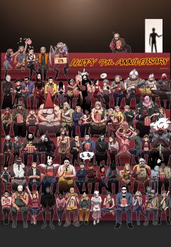 !? 2others 3d_glasses 6+boys 6+girls a_nightmare_on_elm_street absurdres ace_visconti ada_wong adam_francis the_plague_(dead_by_daylight) the_skull_merchant_(dead_by_daylight) albert_wesker alejandro_santiago amanda_young anniversary apron arm_around_neck arm_tattoo armor asakawa_yoichi ashley_j_williams beanie beard beret bill_(left_4_dead) bill_overbeck black_hair blonde_hair bubba_sawyer the_deathslinger_(dead_by_daylight) charlotte_deshayes claudette_morel clown collared_shirt cowboy_hat crossed_arms crossed_legs danny_johnson dark-skinned_female dark-skinned_male dark_skin david_king_(dead_by_daylight) david_tapp dead_by_daylight demogorgon drink drinking durkos_malecek dwight_fairfield eating elliot_spencer elodie_rakoto facial_hair felix_richter feng_min food frank_morrison freddy_krueger gabriel_soma ghostface glasses grey_hair guitar haddie_kaur halloween_(movie) happy_anniversary hat heather_mason hellraiser the_doctor_(dead_by_daylight) heterochromatic_eyewear highres holding holding_notepad the_singularity_(dead_by_daylight) instrument jake_park jane_romero jeffrey_johansen jewelry jill_valentine joey_cadogan jonah_vasquez julie_kostenko jumpsuit kate_denson kimura_yui laurie_strode leatherface lee_yun-jin left_4_dead left_4_dead_1 leon_s._kennedy long_coat mask meg_thomas michael_myers mikaela_reid military_hat movie_theater multiple_boys multiple_girls multiple_others music mustache nancy_wheeler nea_karlsson necklace necktie nemesis_t-type notepad orange_hair orange_vest ourey pig_mask pinhead pink_hair playing_instrument popcorn pyramid_head quentin_smith rabbit_mask rebecca_chambers renato_lyra resident_evil resident_evil_3:_nemesis resident_evil_3_(remake) sander_rault saw_(movie) scream_(movie) shared_thought_bubble shirt shorts silent_hill_(series) silent_hill_2 silent_hill_3 sitting smoking speech_bubble spoken_interrobang steve_harrington stranger_things sunglasses susie_lavoie the_blight_(dead_by_daylight) tank_top the_knight_(dead_by_daylight) tattoo thalita_lyra the_artist_(dead_by_daylight) the_clown_(dead_by_daylight) the_dredge_(dead_by_daylight) the_hag_(dead_by_daylight) the_hillbilly_(dead_by_daylight) the_huntress_(dead_by_daylight) the_legion_(dead_by_daylight) the_nurse_(dead_by_daylight) the_oni_(dead_by_daylight) the_ring the_spirit_(dead_by_daylight) the_texas_chainsaw_massacre the_trapper_(dead_by_daylight) the_trickster_(dead_by_daylight) the_wraith_(dead_by_daylight) thought_bubble tinted_eyewear vest victor_deshayes vittorio_toscano wristband yamamura_sadako zarina_kassir