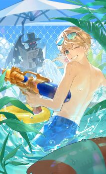 Rule 34 | 2boys, absurdres, blonde hair, blue eyes, blue sky, cloud, command spell, commentary request, day, eyewear on head, fate/strange fake, fate (series), fence, flat escardos, hat, highres, holding, holding newspaper, holding water gun, jack the ripper (fate/strange fake), jacket, korean commentary, looking at viewer, male focus, male swimwear, multiple boys, newspaper, one eye closed, open mouth, outdoors, plant, pool, potato goril, short hair, single wing, sky, smile, sunglasses, swim ring, swim trunks, top hat, topless male, wading, water gun, wings