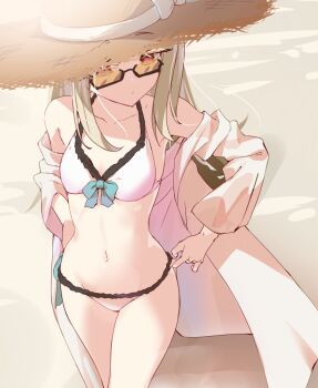 1girl beach bikini blonde_hair breasts brown_eyes coat coat_partially_removed commentary_request cowboy_shot frilled_bikini frills gakuen_idolmaster hat idolmaster izuru_(gt_ituru) long_hair navel outdoors pink_bikini semi-rimless_eyewear shinosawa_hiro small_breasts solo straw_hat swimsuit white_coat